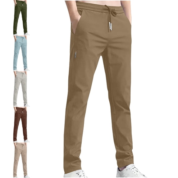 SGFCWSX Mens Pants– Elastic Waistband Comfort Relaxed Straight-Leg Trousers Khaki Size 2XL