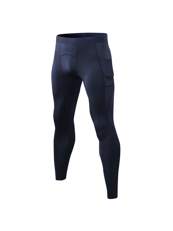 Mens Performance Leggings with Functional Pockets High-Stretch Comfort Seamless Gym Yoga Under Trousers Navy Size 2XL