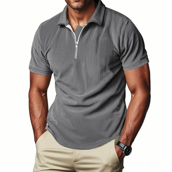 SGFCWSX Mens Polo Shirts Short Sleeve Ribbed with Half-Zip Slim Fit Casual Golf Shirts for Men Gray Size M