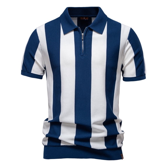 SGFCWSX Mens Polo Shirts Short Sleeve Slim Fit Zipper Striped Knit Casual Golf Shirts for Men Navy Size L