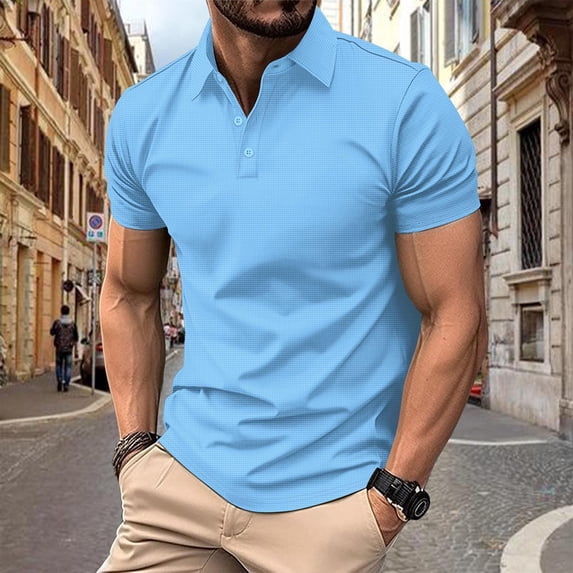 SGFCWSX Mens Polo Shirts Slim Fit Short Sleeve V-Neck Solid Casual Daily Golf Shirts for Men Sky Blue Size XL