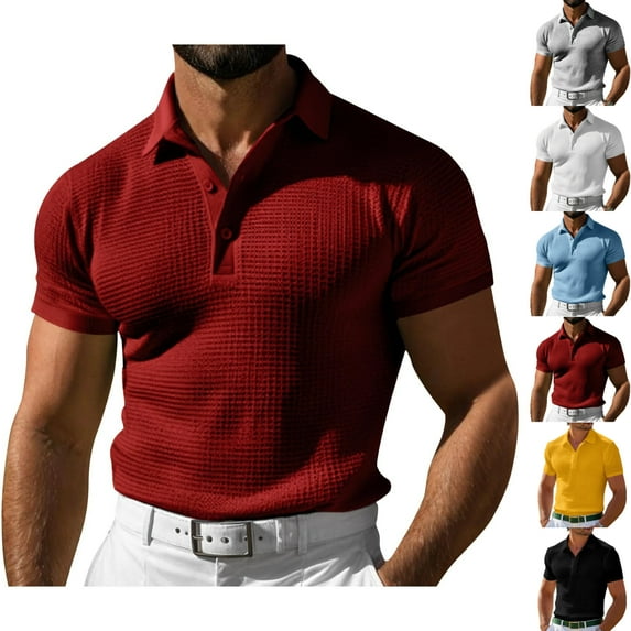 SGFCWSX Mens Polo Shirts Textured Knit Short Sleeve Slim Fit Casual Daily Golf Shirts for Men Red Size L