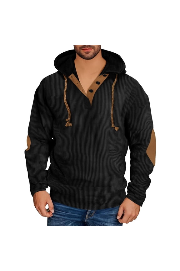 Mens Pullover Hoodie Men Fleece Lined Vintage Color Block Cotton with Drawstring Hood and Button Sweatshirt Black Size 3XL