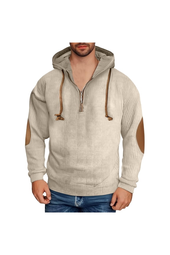 Mens Quarter Zip Pullover Hoodies Men Vintage Corduroy with Elbow Patches and Drawstring Hood Casual Sweatshirt Khaki Size M