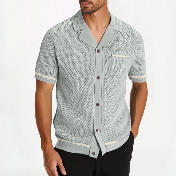 SGFCWSX Mens Short Sleeve Button Down Shirts, Men's Knit Textured Casual Shirt with Contrast Trim Gray Size L