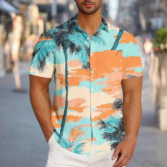 SGFCWSX Mens Short Sleeve Button Down Shirts, Men's Loose Fit Beach Print Button Up Shirt for Summer Outfits Yellow Size 2XL