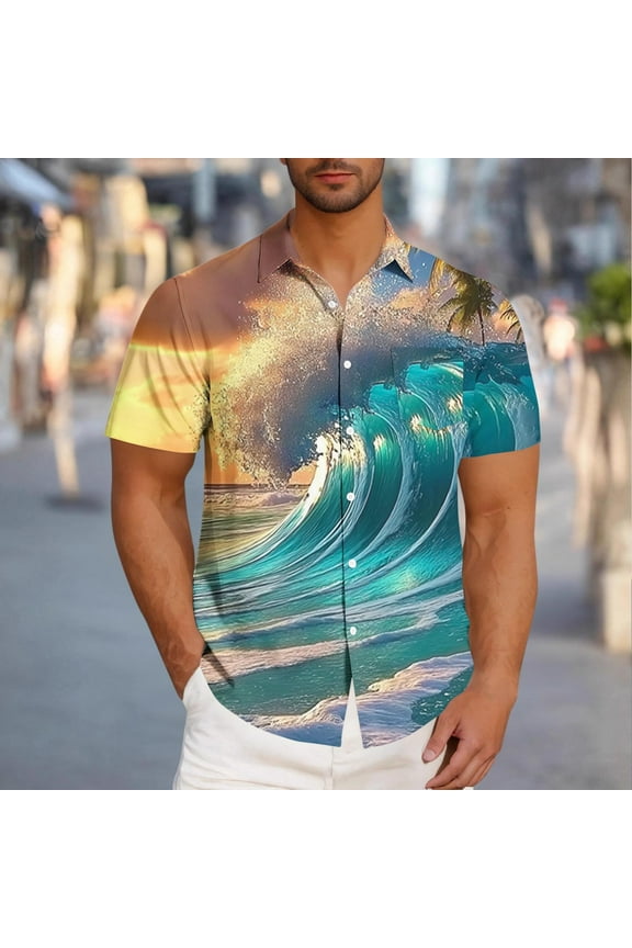 Mens Short Sleeve Button Down Shirts, Men's Tropical Sunset Print Hawaiian Shirt for Beach Vacation Blue Size 2XL