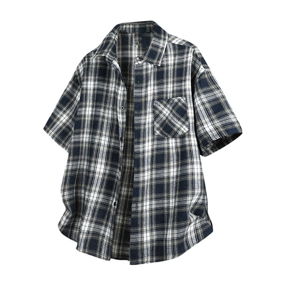 SGFCWSX Mens Short Sleeve Button Down Shirts, Retro Plaid Oversized Button Up Shirt for Casual Summer Outfits Navy Size M