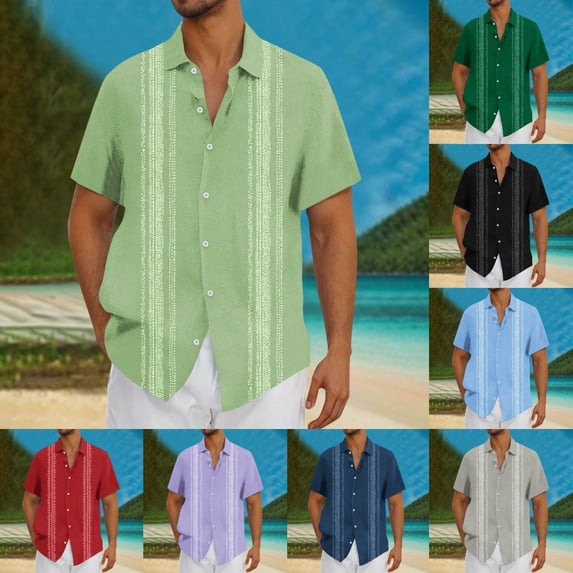 SGFCWSX Mens Short Sleeve Button Up Guayabera Shirt Striped Cuban Collar Casual Shirt for Summer Beach Vacation Green Size L