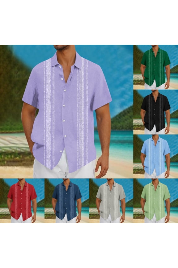 Mens Short Sleeve Button Up Guayabera Shirt Striped Cuban Collar Casual Shirt for Summer Beach Vacation Purple Size 2XL
