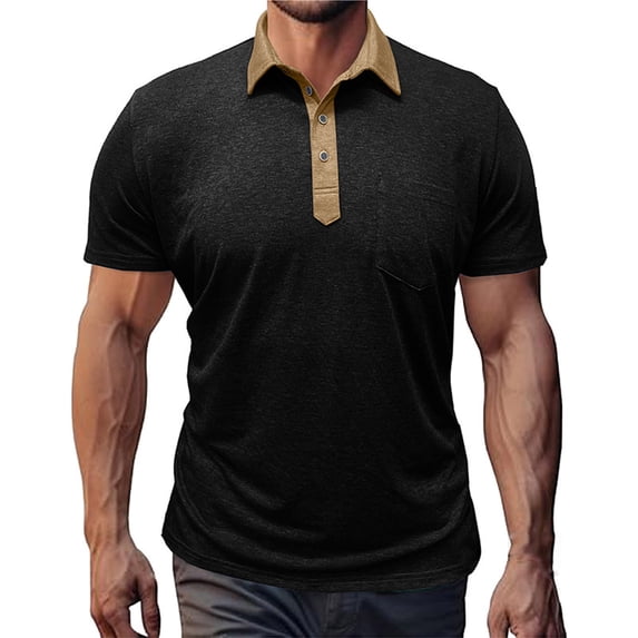 SGFCWSX Mens Short Sleeve Polo Shirt Chest Pocket Slim Fit Casual Golf Shirts for Men Black Size L