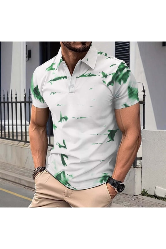 Mens Short Sleeve Polo Shirt, Men Classic Button Collar Fitted Tie-Dye Casual Summer Top Green Size M