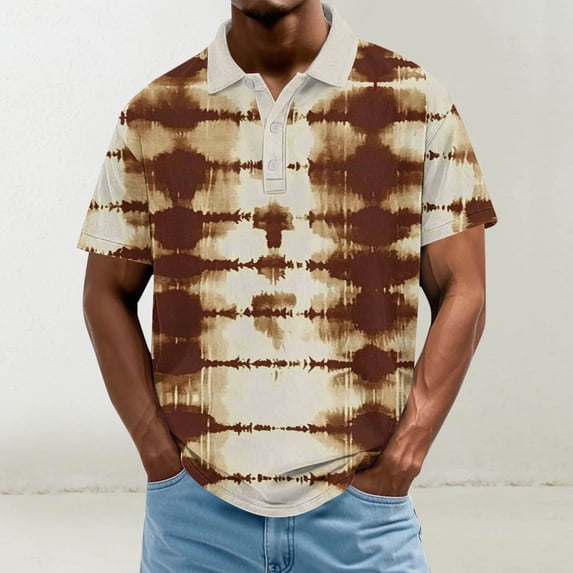 SGFCWSX Mens Short Sleeve Polo Shirt, Men Tie-Dye Classic Button Placket Collar Comfortable Casual Golf Shirts Brown Size 2XL