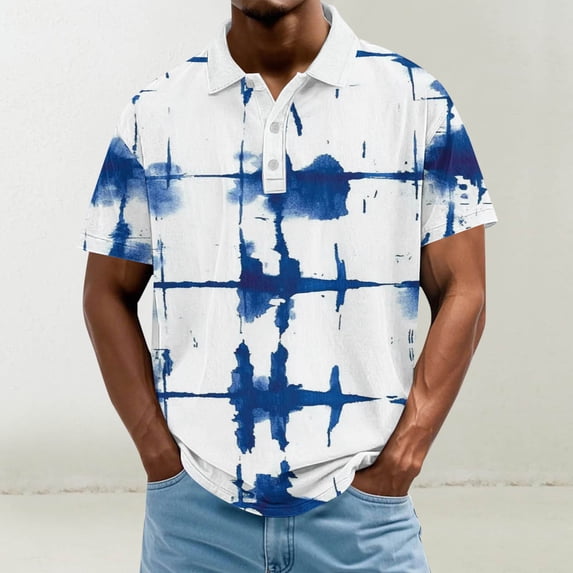 SGFCWSX Mens Short Sleeve Polo Shirt, Men Tie-Dye Classic Button Placket Collar Comfortable Casual Golf Shirts Light Blue Size L