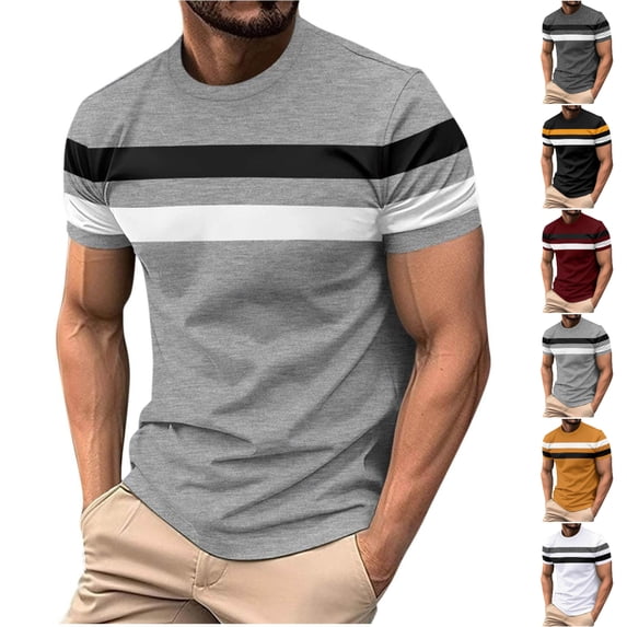 SGFCWSX Mens Short Sleeve T-Shirt, Casual Color Block Striped Crewneck Summer Tee for Men Gray Size M