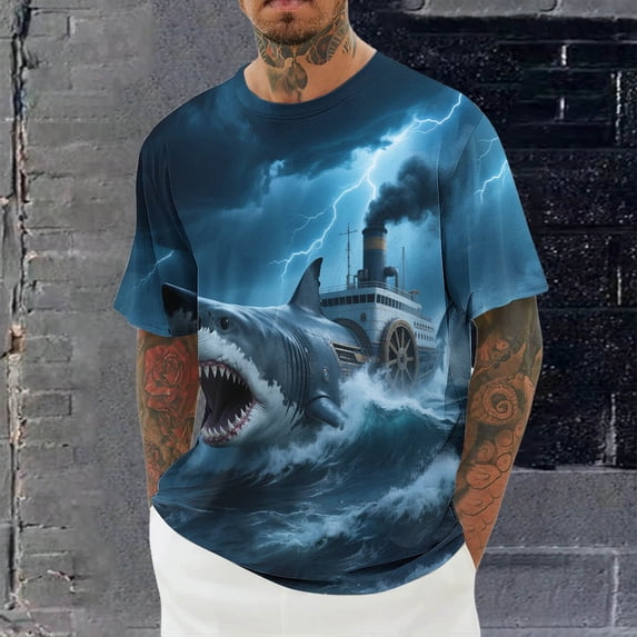 SGFCWSX Mens Short Sleeve T-Shirt, Graphic Print Casual Crewneck Summer Essential Tee for Men Blue Size L