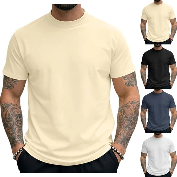 SGFCWSX Mens Short Sleeve T-Shirts, Solid Color Mock Neck Basic Casual Daily Tee for Men Beige Size L