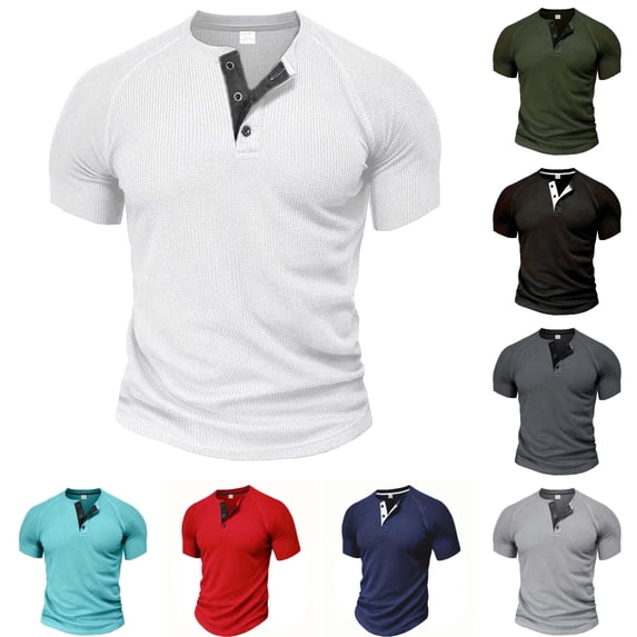 SGFCWSX Mens Short Sleeve T-Shirts, Waffle Knit Henley Neck Casual Muscle Fit Top for Men White Size S