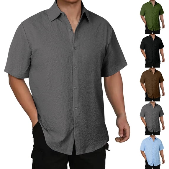 SGFCWSX Mens Short Sleeve Textured Shirt Button Down, Plain Design Lightweight Summer Casual Work Daily Outfit Dark Gray Size L