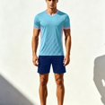 thumbnail image 1 of SGFCWSX Mens Soccer Set 2 Piece Striped V Neck Quick Dry Short Sleeve Shirt and Shorts Football Training Athletic Outfit Light Blue Size L, 1 of 9