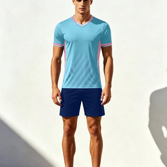 SGFCWSX Mens Soccer Set 2 Piece Striped V Neck Quick Dry Short Sleeve Shirt and Shorts Football Training Athletic Outfit Light Blue Size L