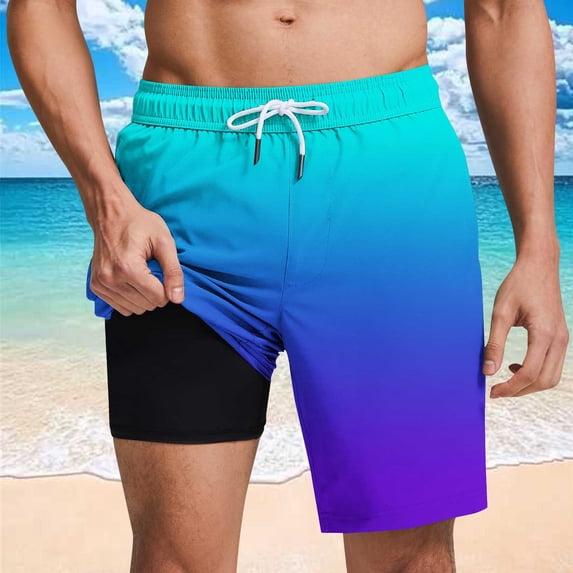 SGFCWSX Mens Swim Trunks Gradient Drawstring Elastic Waist Quick Dry Built-in Liner Summer Beach Casual Shorts Sky Blue Size XL