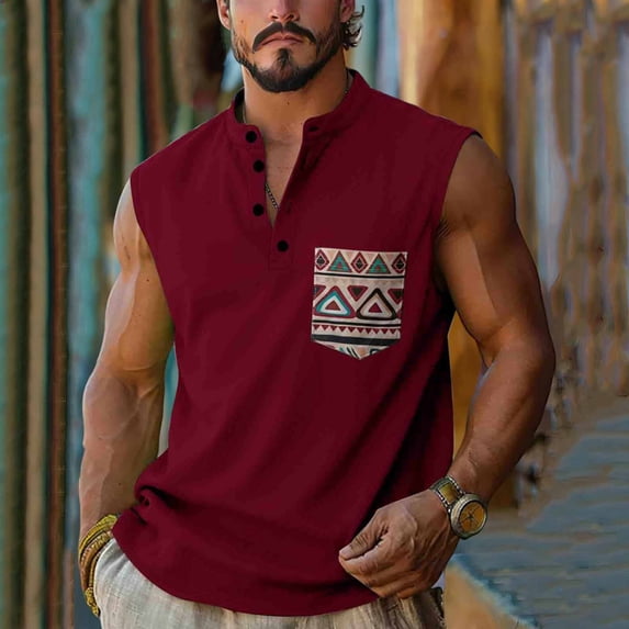 SGFCWSX Mens Tank Tops Henley Sleeveless Shirts for Men Graphic Print Pocket Casual Daily Wear Summer Muscle Tank Top Wine Size M