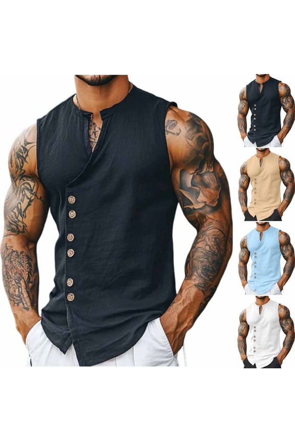 Mens Tank Tops Linen Sleeveless Shirts Casual Summer Lightweight Breathable Daily Wear Button Down Muscle Tees Black Size 3XL
