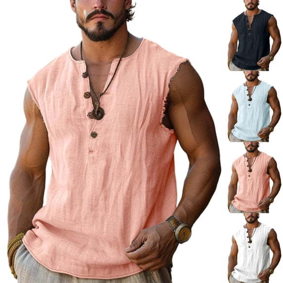 SGFCWSX Mens Tank Tops Linen Sleeveless Shirts Casual Summer Lightweight Breathable Daily Wear Muscle Tees Pink Size S