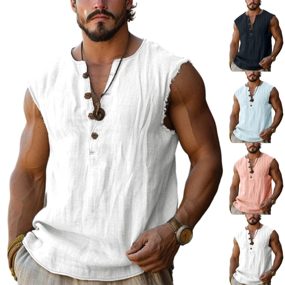 SGFCWSX Mens Tank Tops Linen Sleeveless Shirts Casual Summer Lightweight Breathable Daily Wear Muscle Tees White Size M
