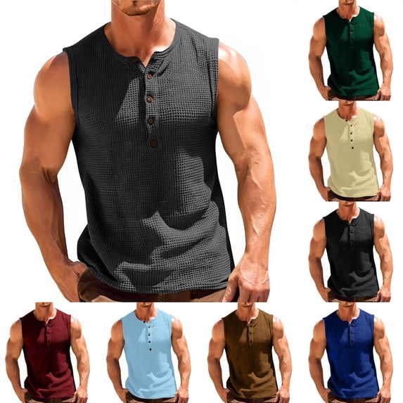 SGFCWSX Mens Tank Tops Waffle Knit Henley Neck Button Sleeveless Shirts Soft Regular Fit Casual Tops for Everyday Wear Gray Size L