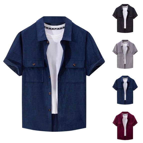 SGFCWSX Mens Textured Shirt Short Sleeve Button Down, Double Pocket Lightweight Breathable Summer Casual Work Wear Blue Size XL