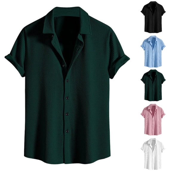 SGFCWSX Mens Waffle Knit Shirt Short Sleeve Button Down Casual Solid Color Camp Collar Top Green Size 2XL