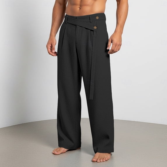 SGFCWSX Mens Wide Leg Pants Asymmetrical Belt High Waisted Pleated Loose Fit Casual Textured Trousers Black Size XL