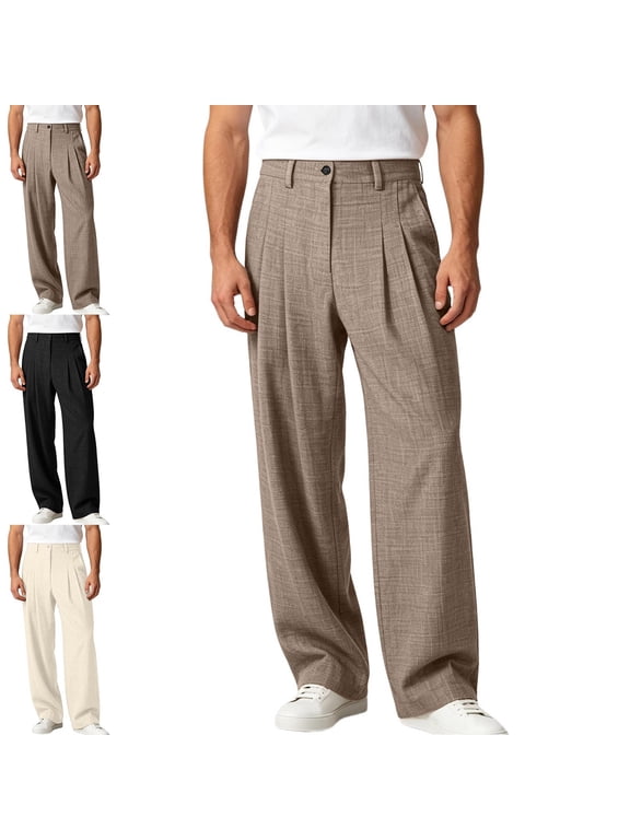 Mens Wide-Leg Pants – Mid-Rise Pleated Draped Loose Daily Commute Casual Trousers Black Size M