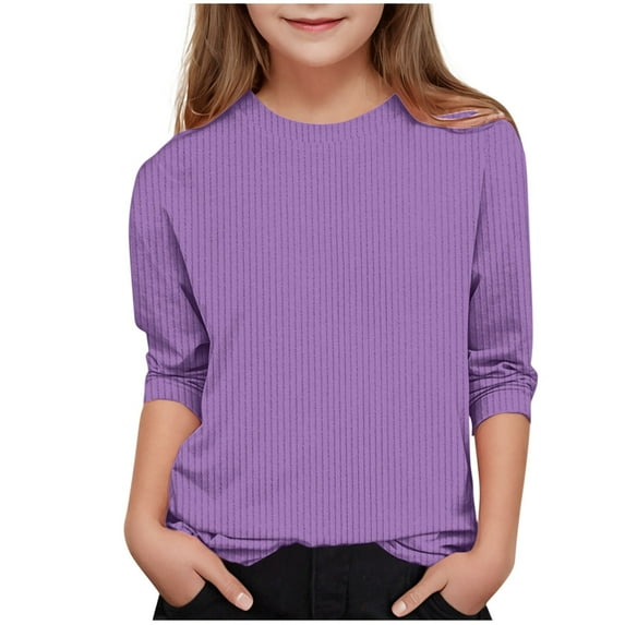 SGFCWSX Oversized Sweatshirt for Girls Crew Neck Solid Color Pullover Top Kids Fall Ribbed Sweatshirts Purple Size 7 Years