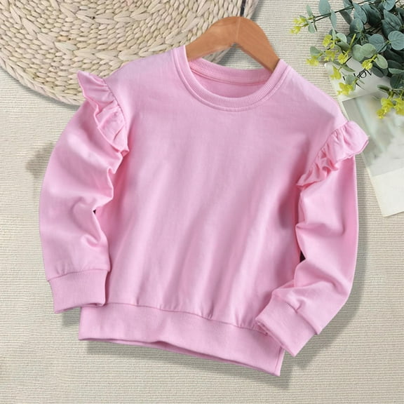 SGFCWSX Oversized Sweatshirt for Girls Crew Neck Solid Color Pullover Top Toddler Fleece Ruffle Sleeve Sweatshirts Pink Size 3 Years