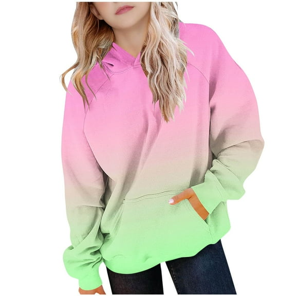 SGFCWSX Oversized Sweatshirt for Girls Fleece with Pockets Hoodie Kids Gradient Baggy Pullover Top Green Size 14 Years