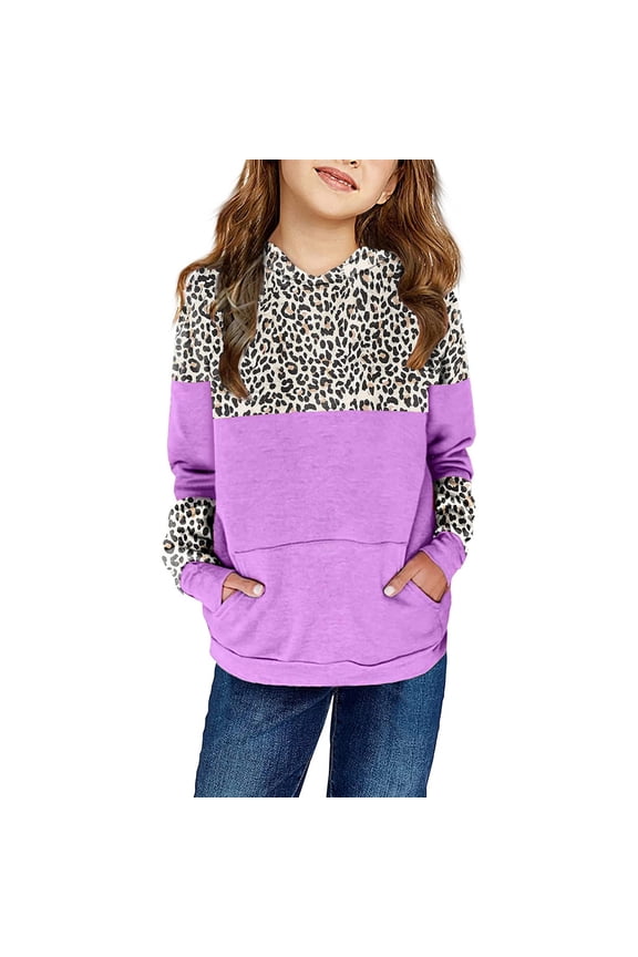 Oversized Sweatshirt for Girls Fleece with Pockets Hoodie Kids Leopard Print Pullover Top Purple Size 13 Years