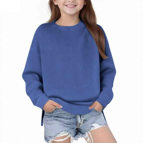 SGFCWSX Oversized Sweatshirt for Girls Solid Color Crew Neck Pullover Top Kids Fleece Sweatshirts Blue Size 5 Years