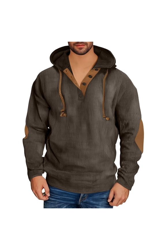 Pullover Hoodies for Men Fleece Lined Cotton Color Block Vintage with Drawstring Hood and Button Sweatshirt Brown Size 2XL