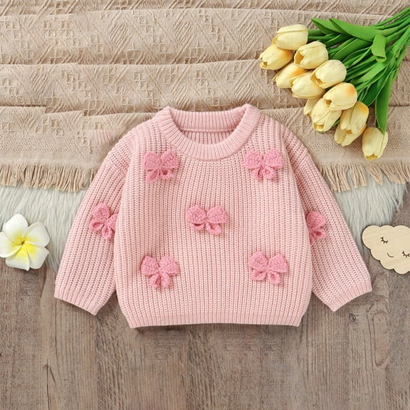 SGFCWSX Sweaters for Kids Girls Bow Print Long Sleeve Pullover Tops Knitted Soft Sweater Pink Size 18 Months