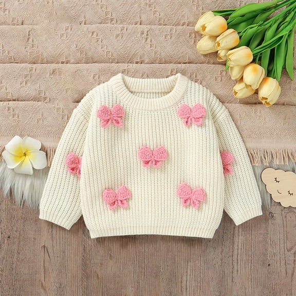 SGFCWSX Sweaters for Kids Girls Bow Print Long Sleeve Pullover Tops Knitted Soft Sweater White Size 18 Months