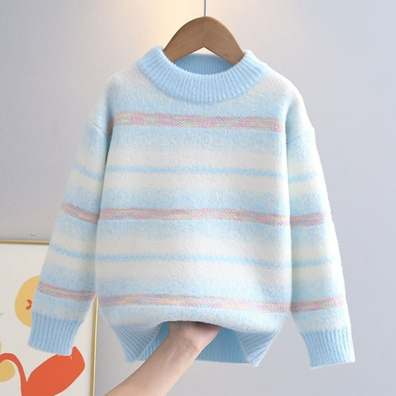 SGFCWSX Sweaters for Kids Girls Stripe Print Thick Pullover Tops Soft Knitted Sweater Blue Size 6 Years