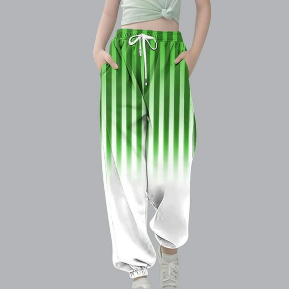 SGFCWSX Sweatpants for Girls Elastic Waist Drawstring Stripe Fashion Print Tapered Leg Soft Jogger Pants Green Size 5-6 Years