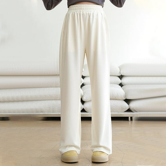 SGFCWSX Sweatpants for Girls Elastic Waist Solid Color Straight Leg Soft Wide Leg Pants Summer Outerwear White Size 9 Years