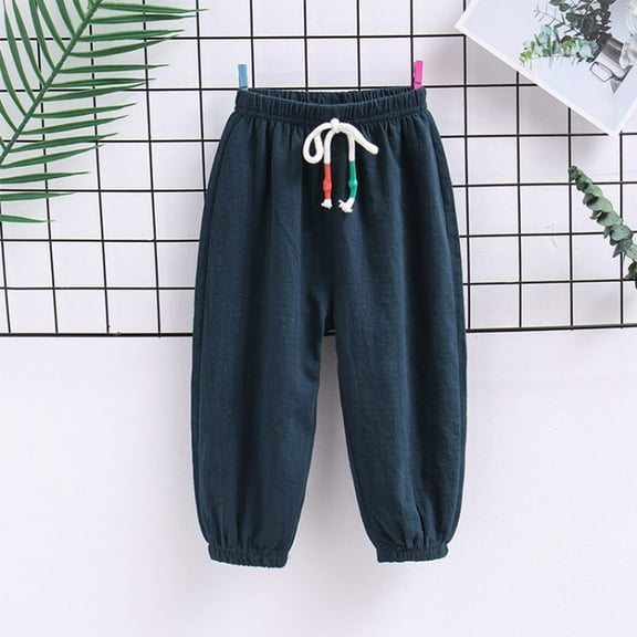 SGFCWSX Sweatpants for Girls Elastic Waist Solid Color Thin Soft Long Pants Summer Navy Size 2-3Years