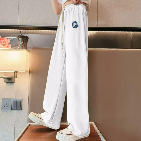 SGFCWSX Sweatpants for Girls Thin Ice Silk Fashion Print Straight Leg Soft Wide Leg Pants Summer White Size 15 Years