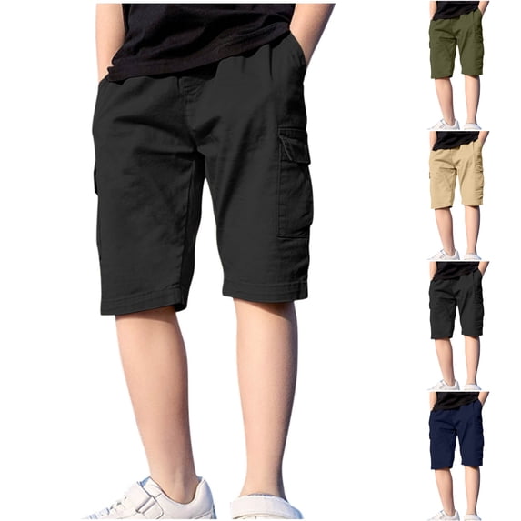 SGFCWSX Teen Boys Cargo Shorts Cotton Durable with Side Pockets Elastic Waist Summer Casual Shorts Black Size 13-15 Years
