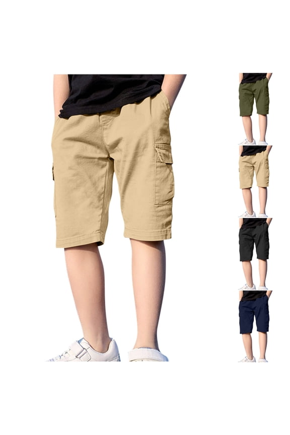 Teen Boys Cargo Shorts Elastic Waist Cotton Durable with Side Pockets Summer Casual Shorts Khaki Size 12-13 Years